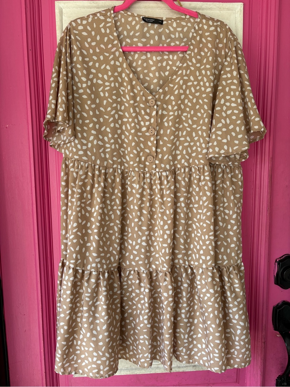 SHEIN Tan Mini Dress with White Leaf Print